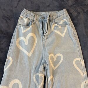 Heart Patterned Baggy Blue Jeans